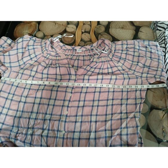 GAP Plaid Gathered Blouse Puff Sleeve Pink Blue White Button Front Top Large - Picture 4 of 12